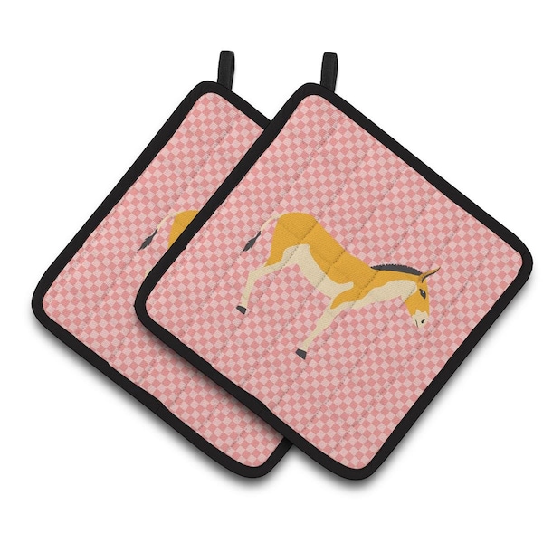 Carolines Treasures Turkmenian Kulan Donkey Pink Check Pair of Pot Holders - BB7854PTHD