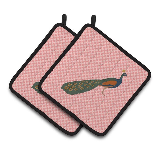 Carolines Treasures Indian Peacock Peafowl Pink Check Pair of Pot Holders - BB7925PTHD