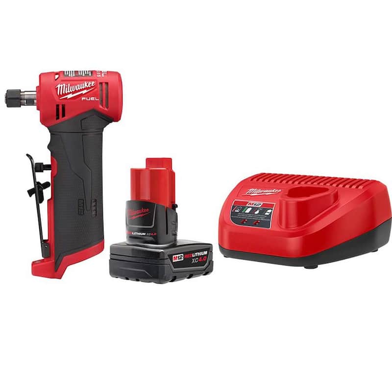 Rectificadora angular derecha sin cable sin escobillas Milwaukee M12 FUEL de 12 voltios con batería de iones de litio de 1/4 de pulgada con kit de inicio de 4.0 Ah - 48-59-2440-2485-20.