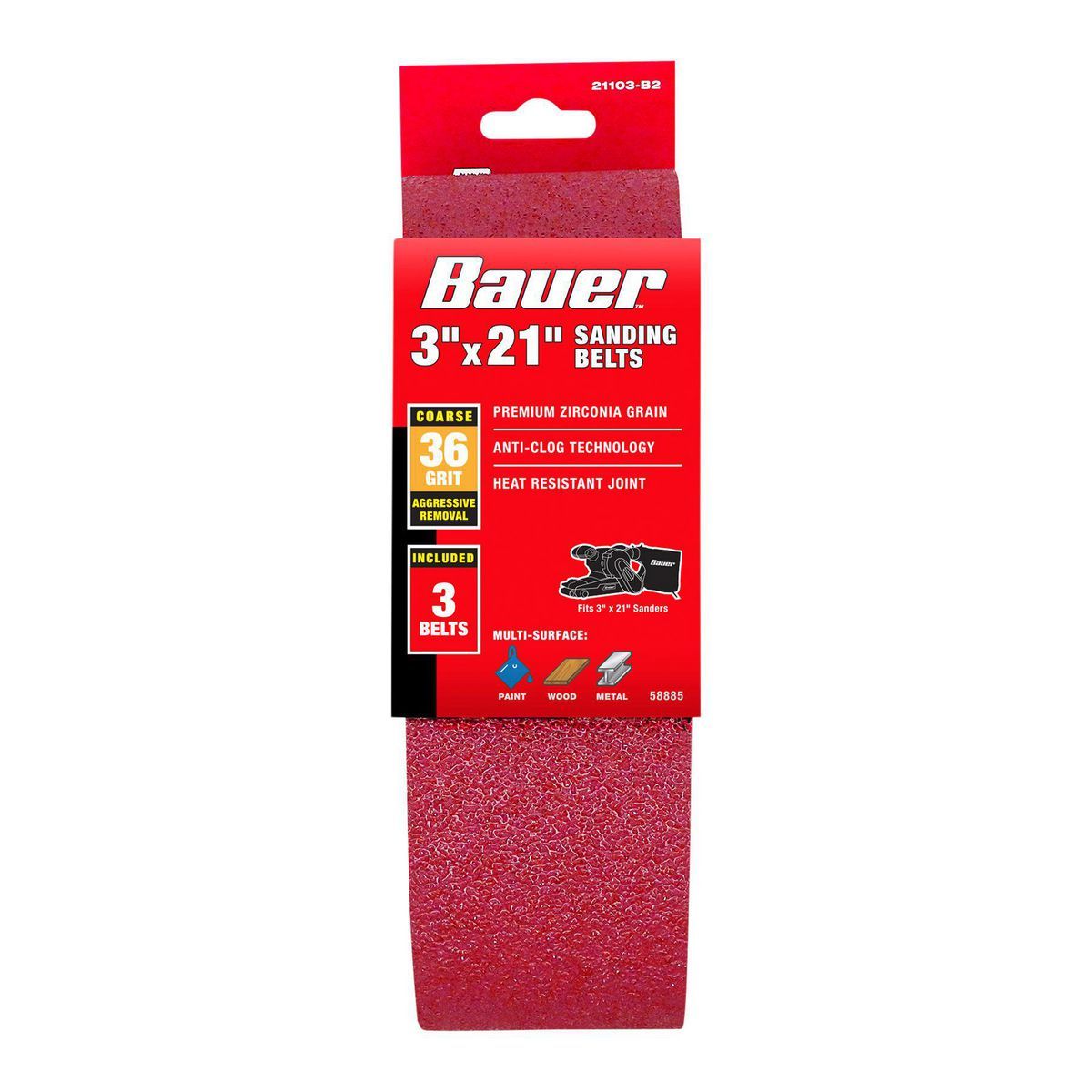 Bandas de lija Bauer de 3 pulgadas x 21 pulgadas, grano 36 con grano de alúmina de circonio, paquete de 3 - 58885