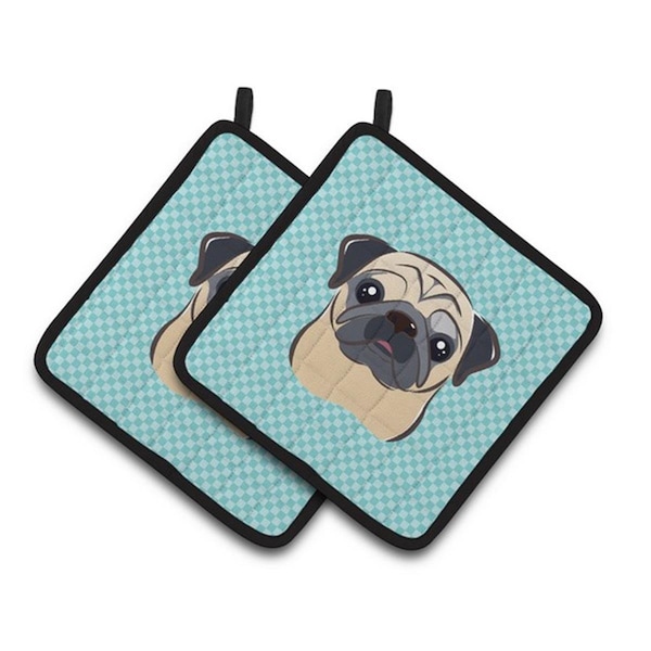 Carolines Treasures Checkerboard Blue Fawn Pug Pair of Pot Holders, 7.5 x 3 x 7.5 in. - BB1200PTHD