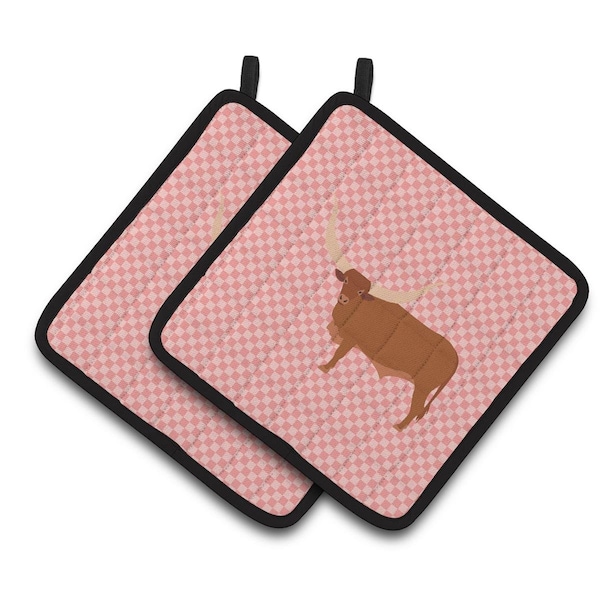 Carolines Treasures Ankole-Watusu Cow Pink Check Pair of Pot Holders - BB7823PTHD