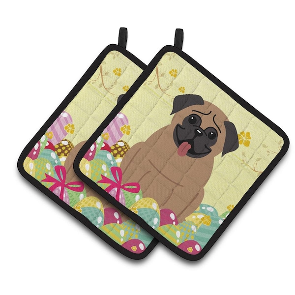 Carolines Treasures Easter Eggs Pug Brown Pair of Pot Holders - BB6005PTHD