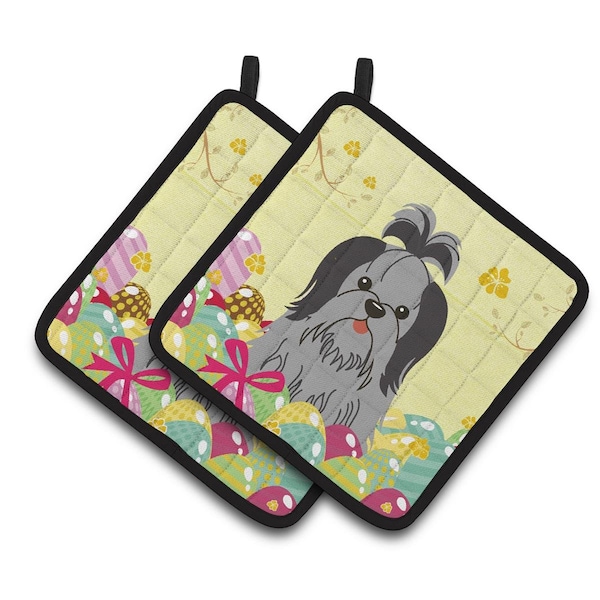 Carolines Treasures Easter Eggs Shih Tzu Black Silver Pair of Pot Holders - BB6089PTHD