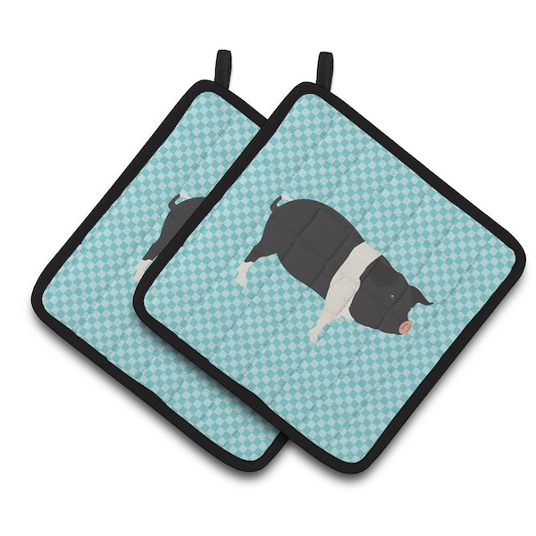 Carolines Treasures Hampshire Pig Blue Check Pair of Pot Holders - BB8113PTHD