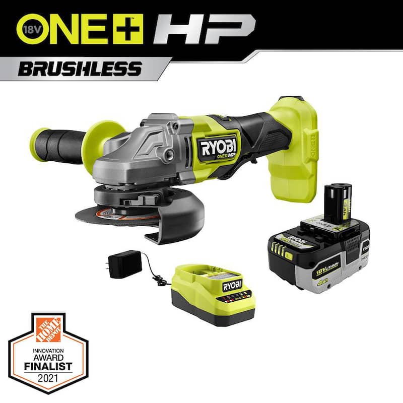 RYOBI ONE+ HP 18V Amoladora angular inalámbrica con motor sin escobillas de 4-1/2 pulgadas, juego con batería de alto rendimiento de 4.0 Ah y cargador - PBLAG01K1.