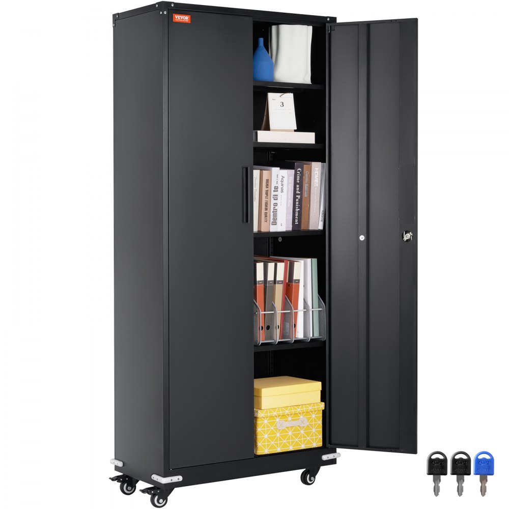VEVOR Metal Storage Cabinet with Wheels, 75 in Locking Cabinet with 4 Adjustable Shelves & 2 Magnetic Doors, 200 lbs Capacity per Shelf, Metal Cabinet with 3 Keys for Home, Office, Garage, Black - DXCWJCQHY5180H4USV0