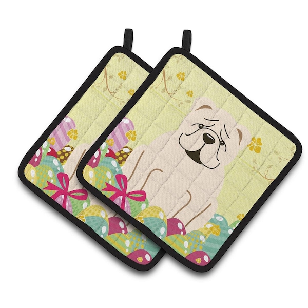 Carolines Treasures Easter Eggs English Bulldog White Pair of Pot Holders - BB6123PTHD