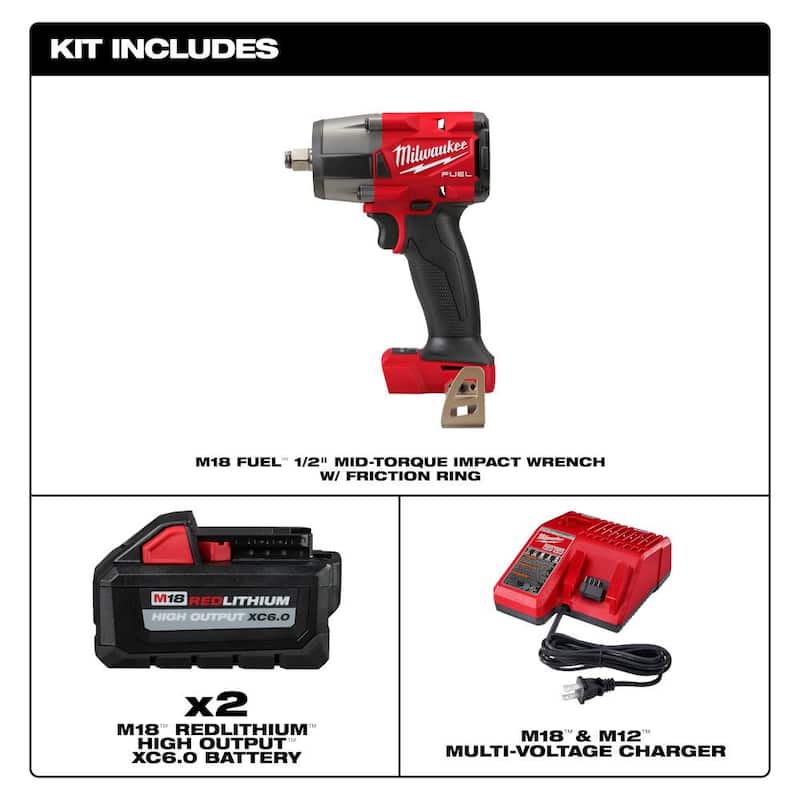 Llave de impacto sin cable de medio torque Milwaukee M18 FUEL Gen-2 de 18V de ion de litio con motor sin escobillas de 1/2 pulg. con (2) baterías de 6.0Ah y cargador - 2962-20-48-59-1862S