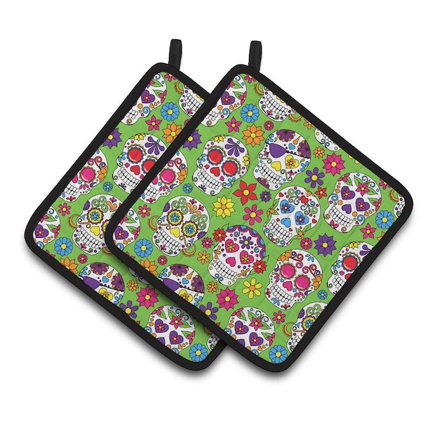Carolines Treasures Day of the Dead Green Pair of Pot Holders - BB5117PTHD