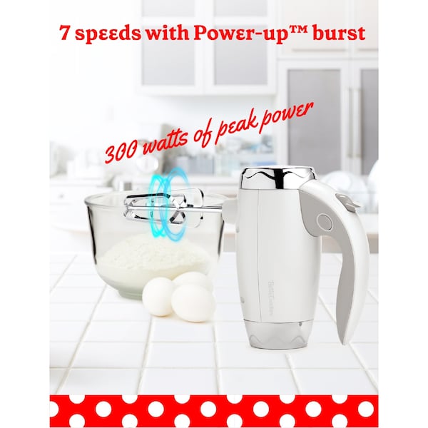 Betty Crocker Hand Blender 7 Speed, 250 Watt Electric Mixer with Beaters and Dough Hooks, White - BC-4208W