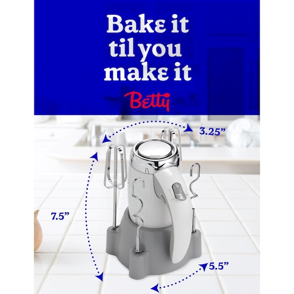 Betty Crocker Hand Blender 7 Speed, 250 Watt Electric Mixer with Beaters and Dough Hooks, White - BC-4208W