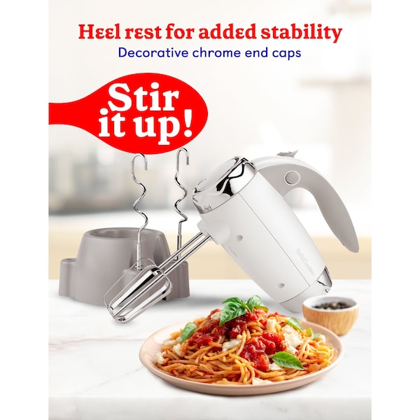 Betty Crocker Hand Blender 7 Speed, 250 Watt Electric Mixer with Beaters and Dough Hooks, White - BC-4208W