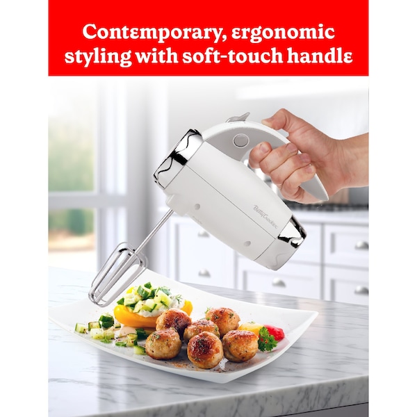 Betty Crocker Hand Blender 7 Speed, 250 Watt Electric Mixer with Beaters and Dough Hooks, White - BC-4208W