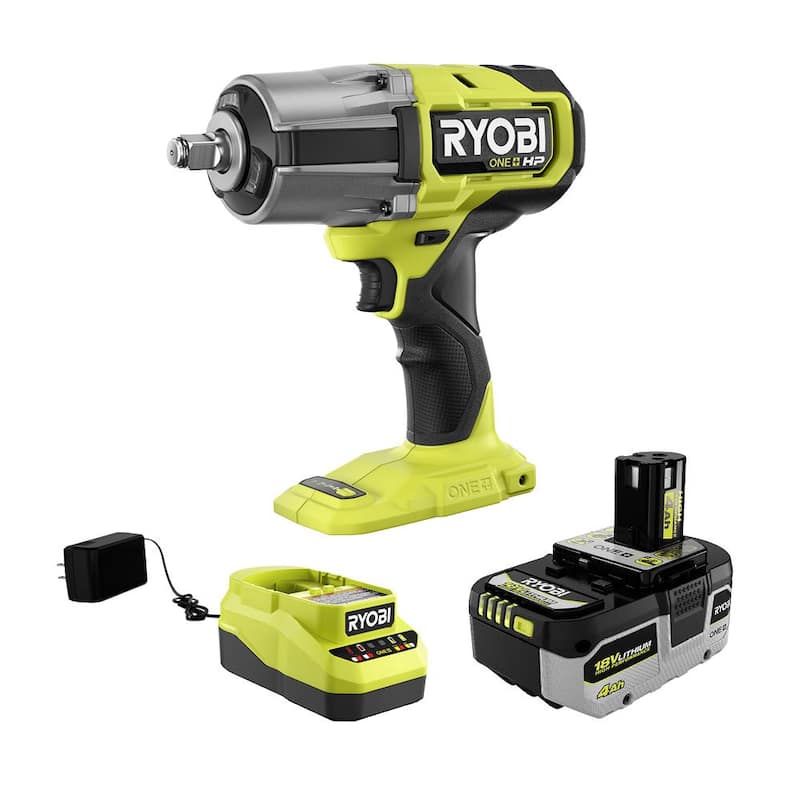 RYOBI ONE+ 18V Llave de Impacto Inalámbrica con Motor sin Escobillas de 4 Modos y Alto Torque de 1/2 pulg. con Batería de 4.0 y Cargador - PBLIW01K1