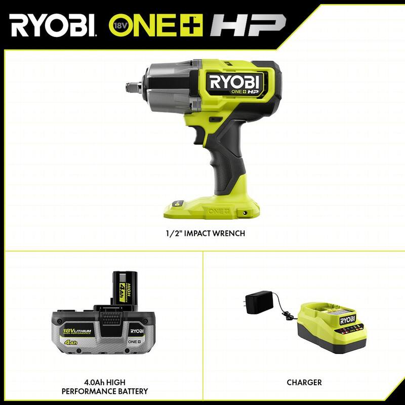 RYOBI ONE+ 18V Llave de Impacto Inalámbrica con Motor sin Escobillas de 4 Modos y Alto Torque de 1/2 pulg. con Batería de 4.0 y Cargador - PBLIW01K1