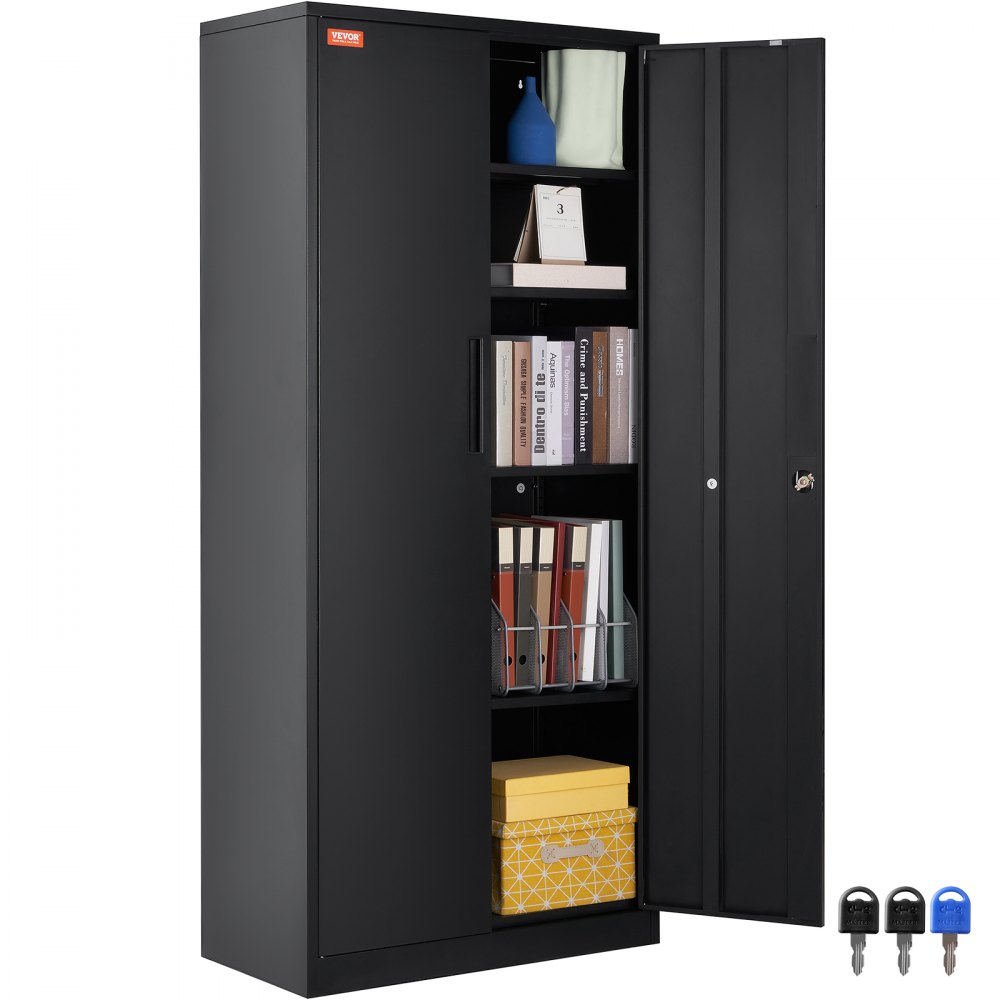 VEVOR Metal Storage Cabinet, Steel Locking Storage Cabinet with 2 Magnetic Doors and 4 Adjustable Shelves, 71'' Metal Cabinet 200 lbs Capacity per Shelf with 3 Keys, for Office, Home, Garage, Black - DXCWJCQHY5180QYF4V0