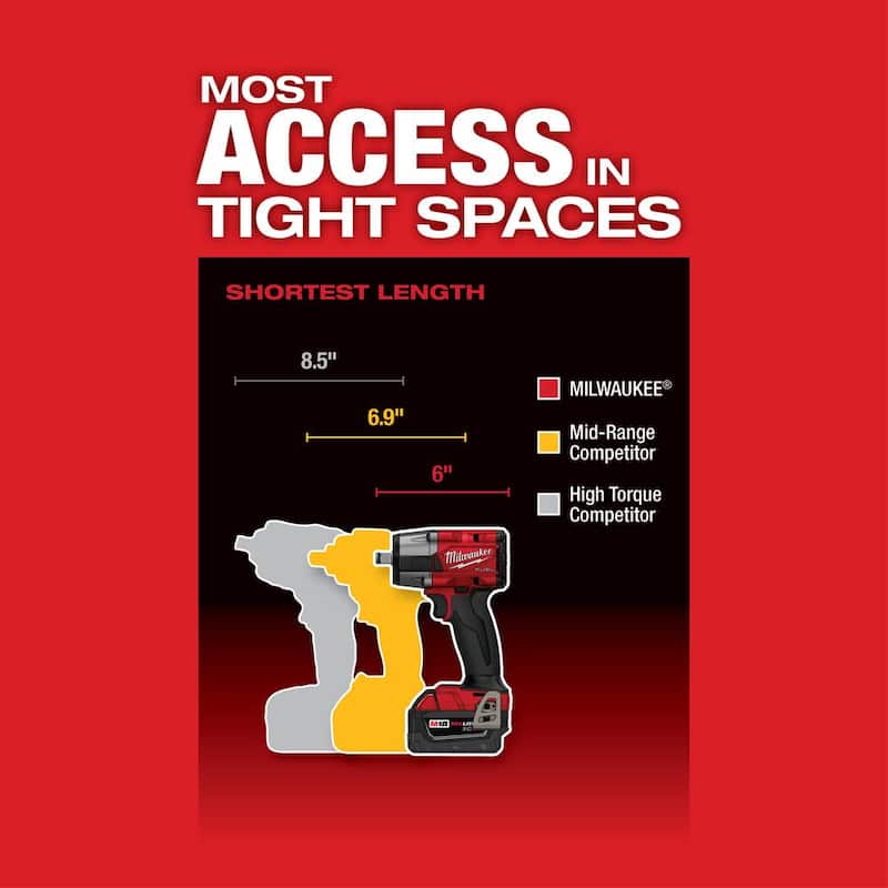 Llave de impacto inalámbrica sin escobillas Milwaukee M18 FUEL Gen-2 de 18V con medio torque y anillo de fricción de ion de litio 1/2 in. (Herramienta solamente) - 2962-20