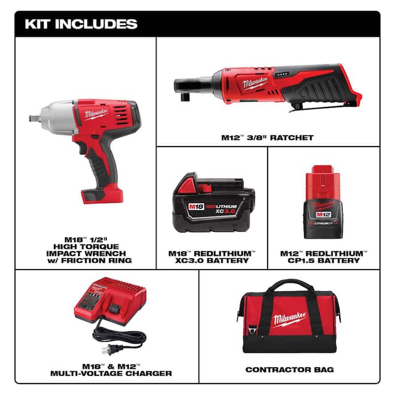 Herramientas inalámbricas Milwaukee M18/M12 12/18V de iones de litio 3/8 in. Trinquete y 1/2 in. Llave de impacto con anillo de fricción Combo Kit - 2663-22RH.