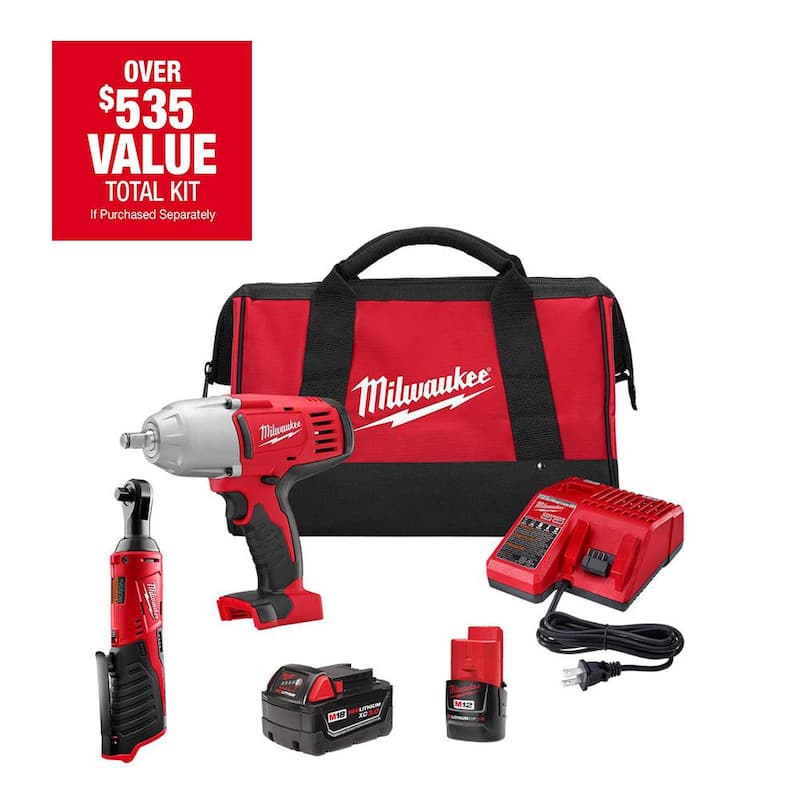 Herramientas inalámbricas Milwaukee M18/M12 12/18V de iones de litio 3/8 in. Trinquete y 1/2 in. Llave de impacto con anillo de fricción Combo Kit - 2663-22RH.