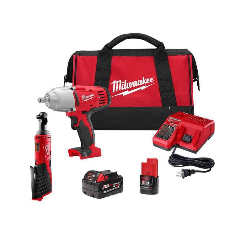 Herramientas inalámbricas Milwaukee M18/M12 12/18V de iones de litio 3/8 in. Trinquete y 1/2 in. Llave de impacto con anillo de fricción Combo Kit - 2663-22RH.