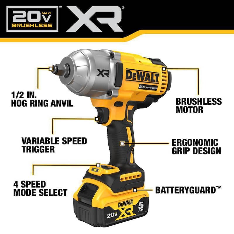 Juego de llave de impacto inalámbrica DEWALT 20V MAX de iones de litio de 1/2 pulgada - DCF900P1