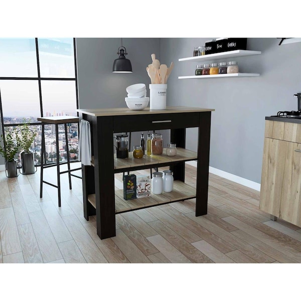Homeroots Light Oak & Black Kitchen Island with Drawer & Two Open Shelves - 474094