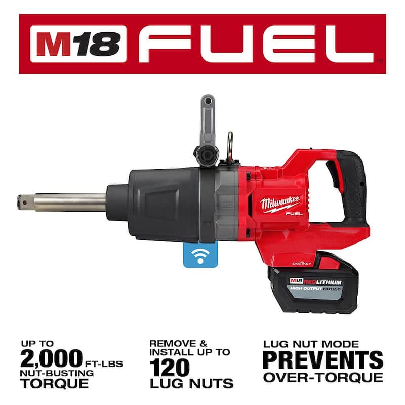 Milwaukee M18 FUEL Llave de Impacto Inalámbrica sin Escobillas de Iones de Litio de 18V de 1 pulgada con Mango en D Extendido y Kit de Dos Baterías de 12.0 Ah - 2869-22HD