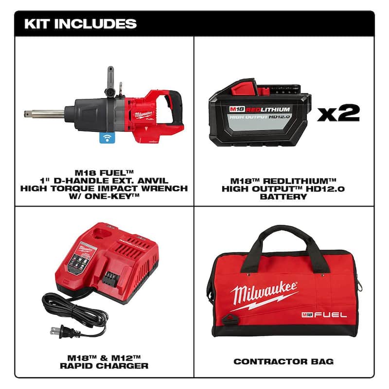 Milwaukee M18 FUEL Llave de Impacto Inalámbrica sin Escobillas de Iones de Litio de 18V de 1 pulgada con Mango en D Extendido y Kit de Dos Baterías de 12.0 Ah - 2869-22HD