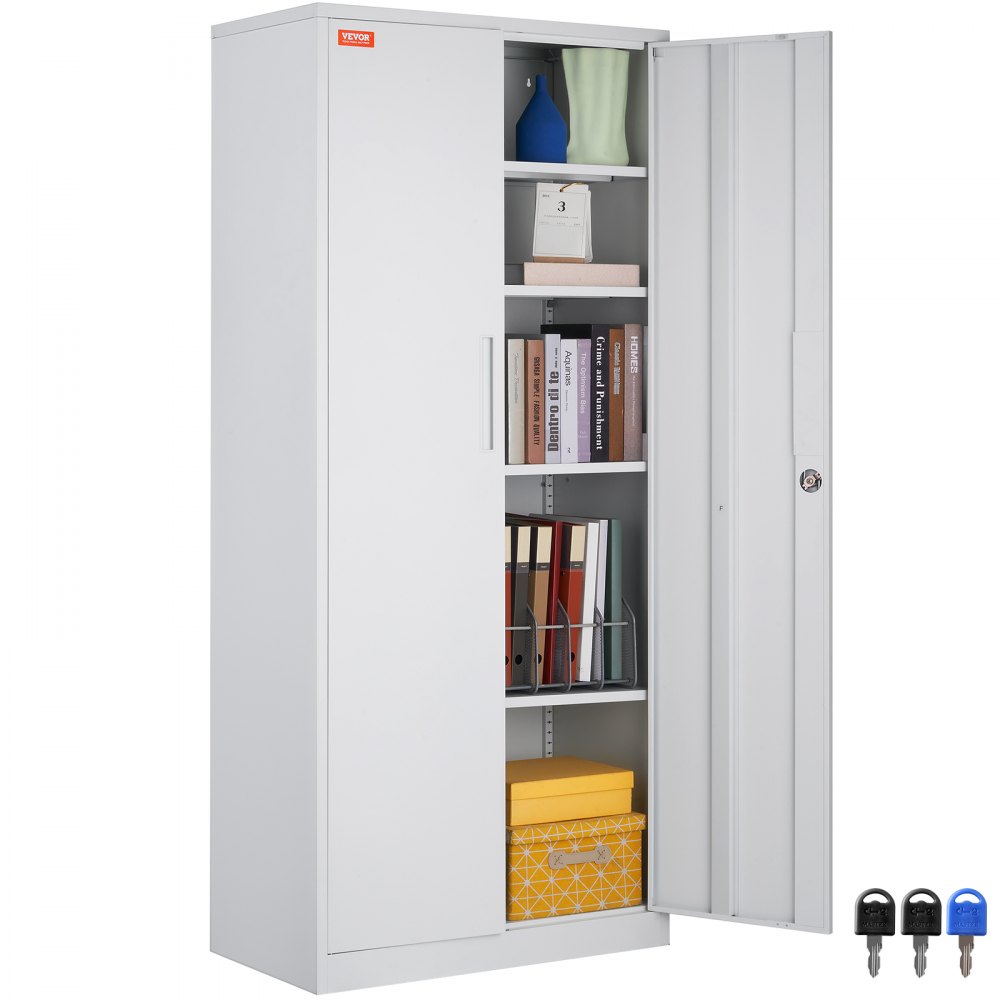 VEVOR Metal Storage Cabinet, Steel Locking Storage Cabinet with 2 Magnetic Doors and 4 Adjustable Shelves, 71'' Metal Cabinet 200 lbs Capacity per Shelf with 3 Keys, for Garage, Office, Home, White - DXCWJCQBY51808OP2V0