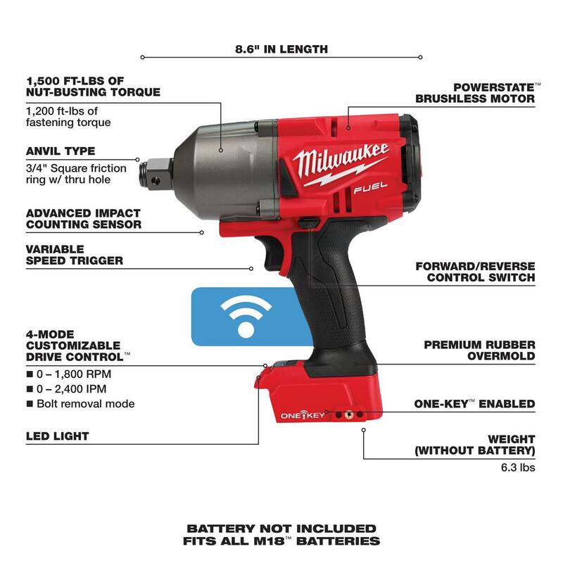 Llave de impacto Milwaukee M18 FUEL ONE-KEY de 18V de iones de litio sin escobillas inalámbrica de 3/4 pulgadas con anillo de fricción y batería resistente de 5.0 ah - 2864-20-48-11-1850R