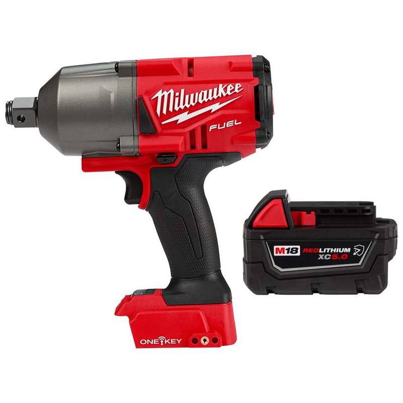 Llave de impacto Milwaukee M18 FUEL ONE-KEY de 18V de iones de litio sin escobillas inalámbrica de 3/4 pulgadas con anillo de fricción y batería resistente de 5.0 ah - 2864-20-48-11-1850R