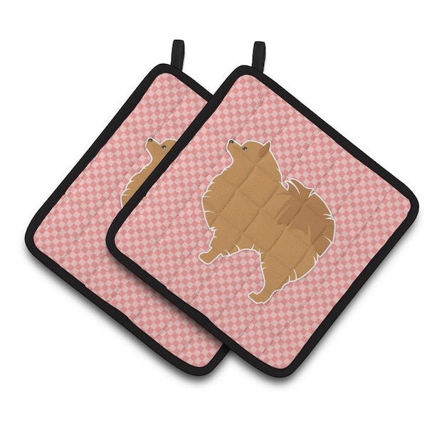 Carolines Treasures Pomeranian Checkerboard Pink Pair of Pot Holders - BB3642PTHD