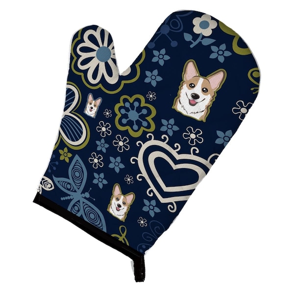 Carolines Treasures Blue Flowers Sable Corgi Oven Mitt - BB5104OVMT