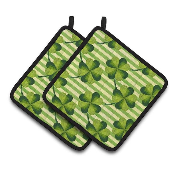 Carolines Treasures Carolines Treasures BB7557PTHD Watercolor Shamrock Stripes Pair of Pot Holders - BB7557PTHD