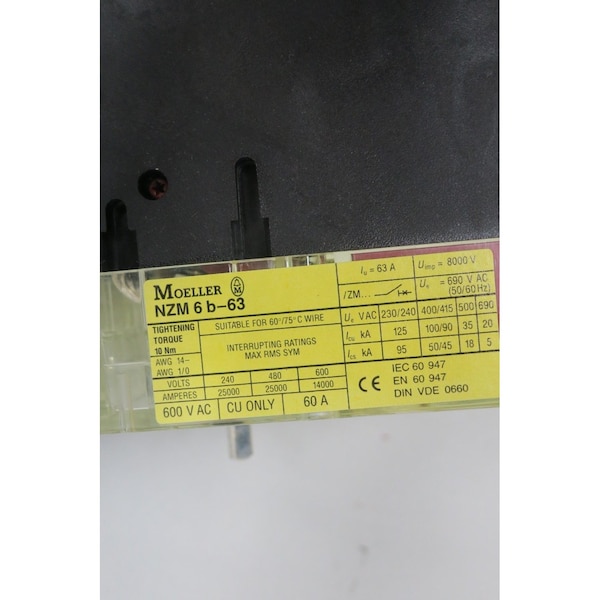 Moeller Molded Case Circuit Breaker, 40A, 3 Pole, 600V AC - NZM6B-63/ZM6A-40-NA