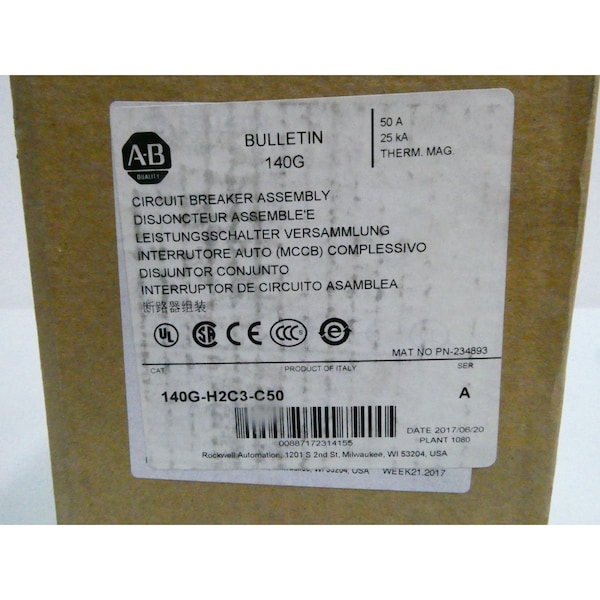 Allen Bradley Circuit Breaker, 140G Series, 50A, 3 Pole, 600V AC, 65kA at 240V AC - 140G-H2C3-C50