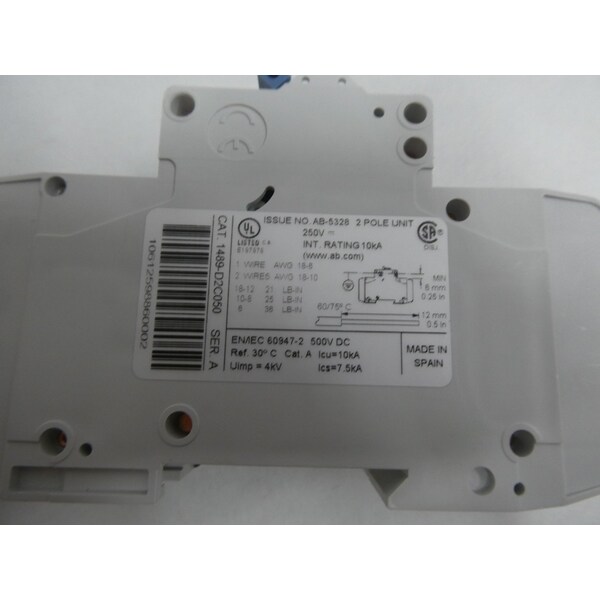 Allen Bradley Miniature Circuit Breaker, 1489-D Series, 5A, 2 Pole, Not Rated, C Curve - 1489-D2C050