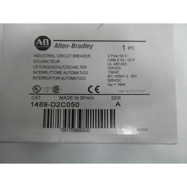 Allen Bradley Miniature Circuit Breaker, 1489-D Series, 5A, 2 Pole, Not Rated, C Curve - 1489-D2C050