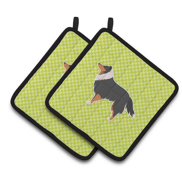 Carolines Treasures Sheltie and Shetland Sheepdog Checkerboard Green Pair of Pot Holders - BB3830PTHD