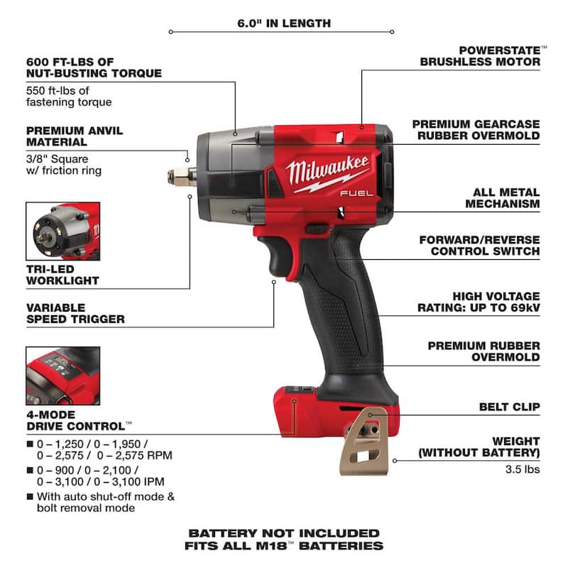 Llave de Impacto Inalámbrica Milwaukee M18 FUEL GEN-2 de 18V con Torque Medio de 3/8 pulg. y Anillo de Fricción con Tecnología Brushless (Herramienta Solamente) - 2960-20