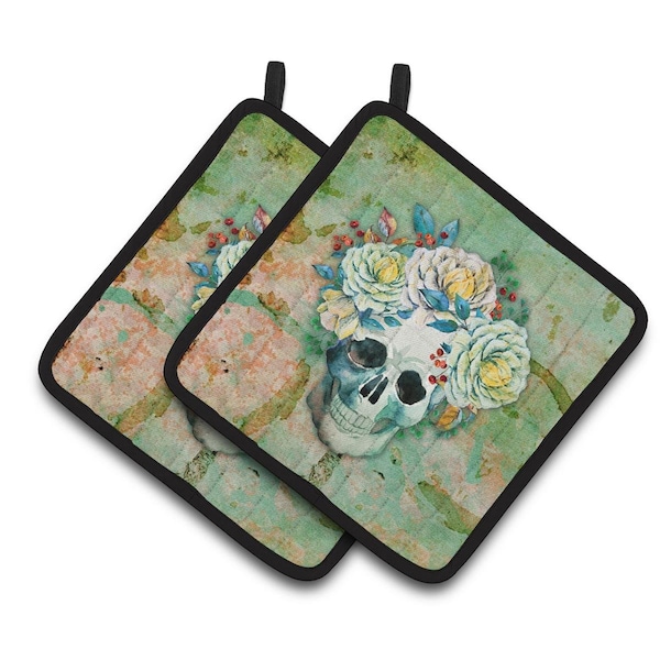 Carolines Treasures Day of the Dead Skull with Flowers Pair of Pot Holders - BB5124PTHD