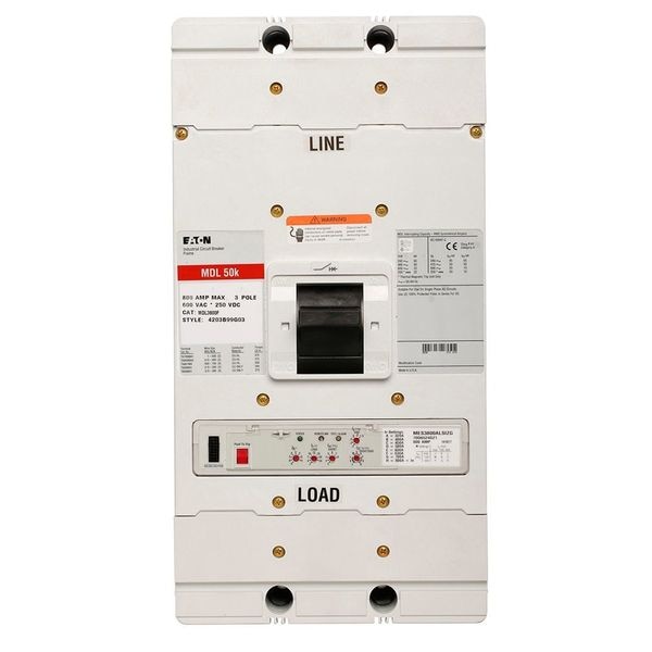 Eaton Molded Case Circuit Breaker, MDL Series, 800A, 3 Pole, 600V AC, 65kA at 240V AC - MDL3800