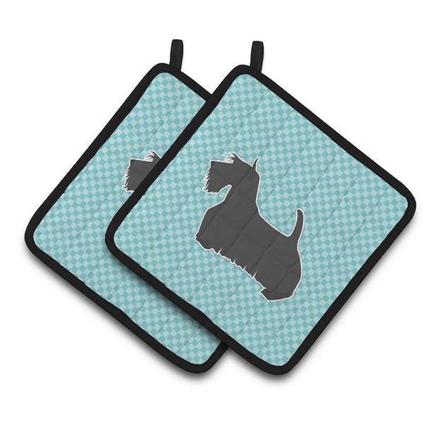 Carolines Treasures Scottish Terrier Checkerboard Blue Pair of Pot Holders - BB3769PTHD
