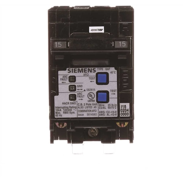 Siemens Circuit Breaker, 15A, 2 Pole, 120/240V AC, 10kA - Q215AFC