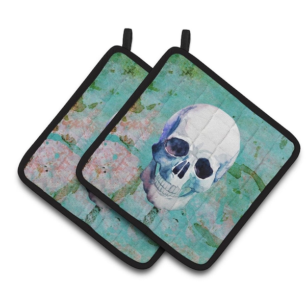 Carolines Treasures Day of the Dead Teal Skull Pair of Pot Holders - BB5123PTHD