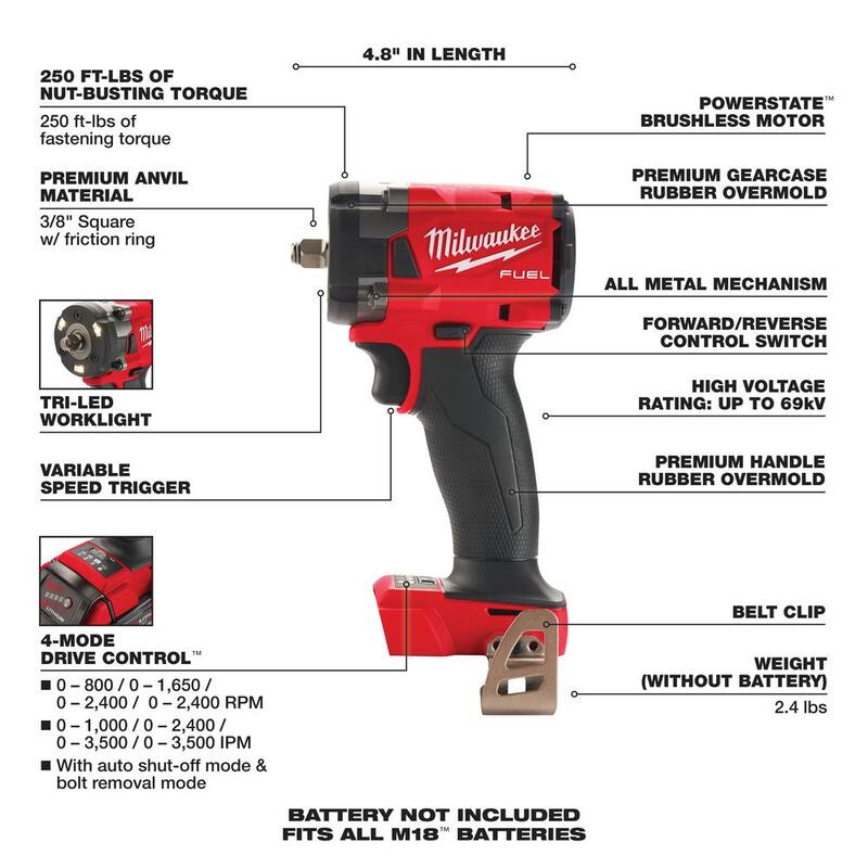 Llave de impacto compacta Milwaukee M18 FUEL GEN-3 de 3/8 pulgadas inalámbrica sin escobillas de litio de 18V con anillo de fricción (sólo herramienta) - 2854-20.