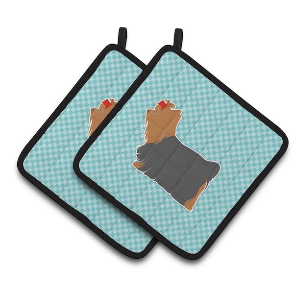 Carolines Treasures Yorkshire Terrier Yorkie Checkerboard Blue Pair of Pot Holders - BB3734PTHD