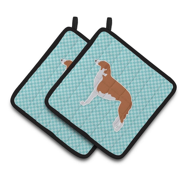 Carolines Treasures Borzoi Russian Greyhound Checkerboard Blue Pair of Pot Holders - BB3699PTHD