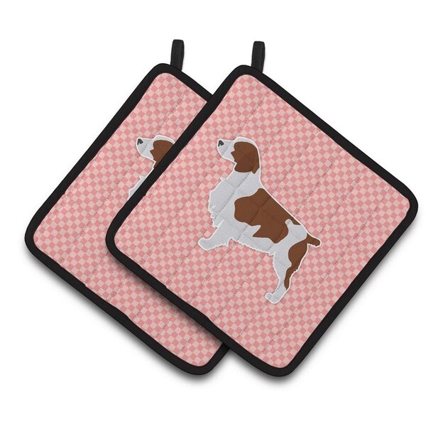 Carolines Treasures Welsh Springer Spaniel Checkerboard Pink Pair of Pot Holders - BB3600PTHD
